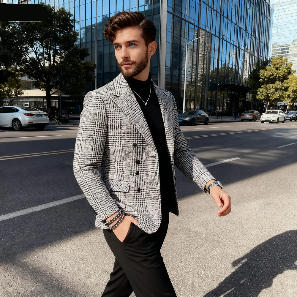 

Облегающий пиджак с узором «гусиные лапки» для мужчин, клетчатая куртка в деловом стиле, однобортный повседневный костюм с остроконечными лацканами, верхняя одежда