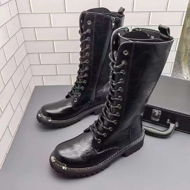 British style mens fashion stage nightclub high motorcycle boots lace-up genuine leather shoes cowboy platform boot long botas