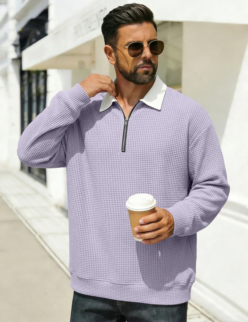 Men's button-down half-zip waffle long-sleeved shirt, loose color-matched casual hoodie, daily commuting long-sleeved T-shirt