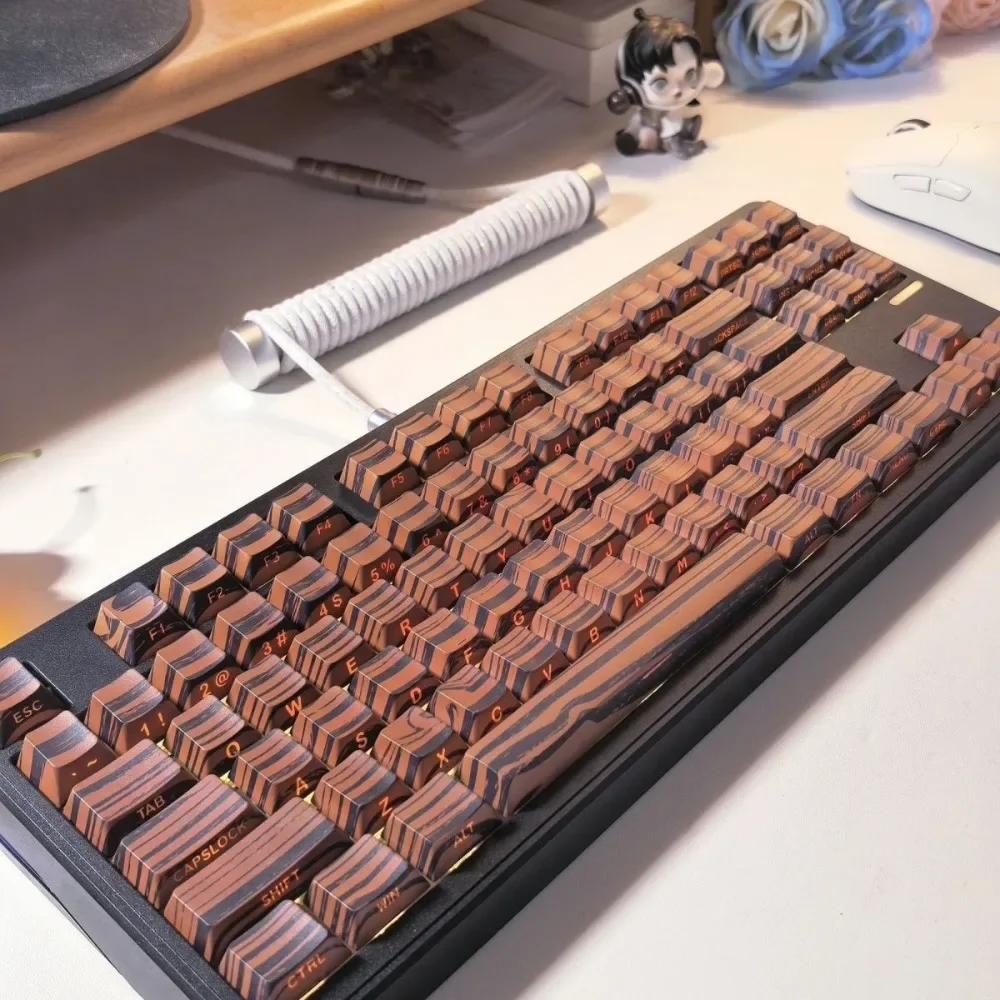 

130 Keys Walnut Wood Grain Sided-word Printed Keycaps For Mechanical Keyboard English Key Caps Cherry Height PBT