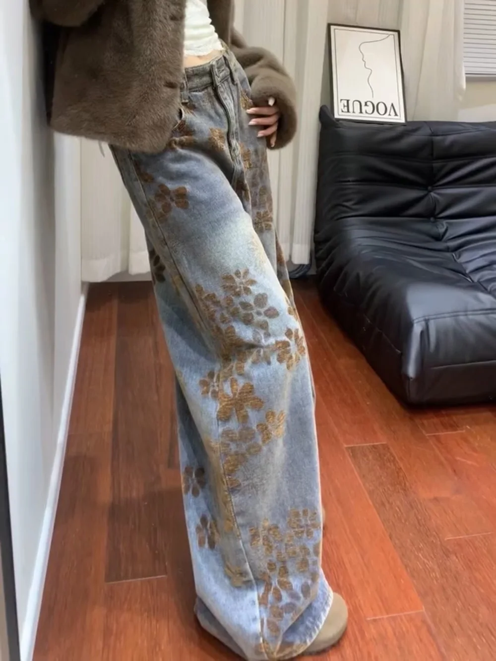 

American Style High Waist Fleece Lined Knife Denim Pants Women's Loose Drapey Wide Leg Long Trousers Floral Embroidery