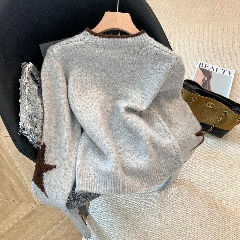 المرأة رمادي س الرقبة ستار متماسكة البلوز سترة 2000s خمر الكورية نمط البلوز متماسكة طويلة الأكمام سترة الكشمير المعنقة الخريف الشتاء #3