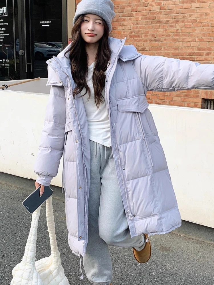 2025 New Down Jacket Women Korean Casual Loose Long Over Knee Hooded Parkas Winter Thicken Wear White Duck Puffer Coat Outerwear
