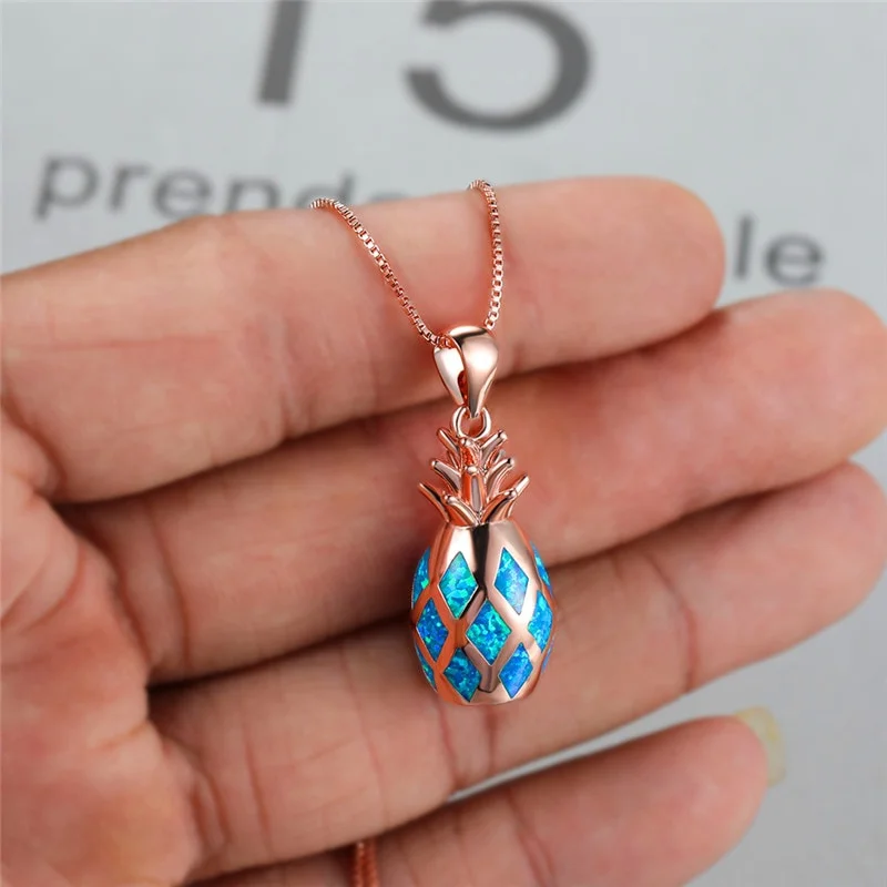 Cute Female Fruit Pineapple Imitation Opal Pendant Necklace Rose Gold Silver Color Chain Necklaces For Women Bridal Wedding