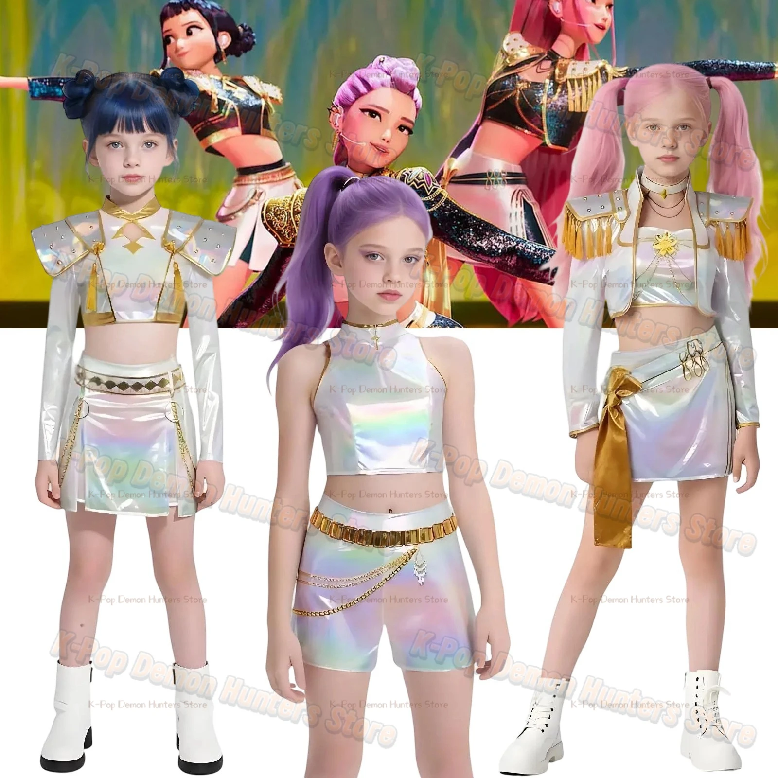 

Kids White Performance Costume KPOP Huntrix Rumi Zoey Mira Cosplay Costume Wig KPop Demon Hunters Uniform Halloween Party Props