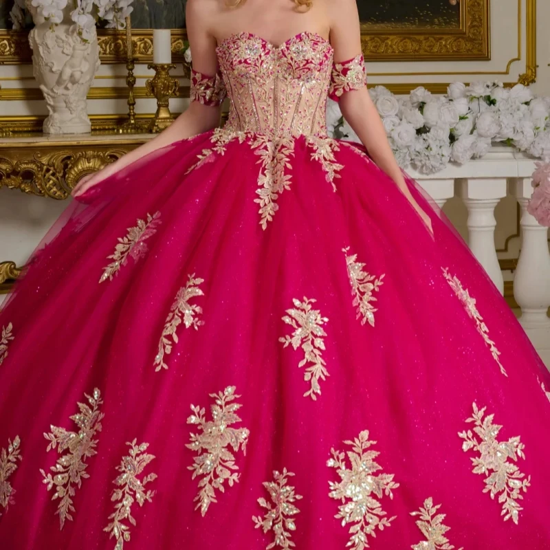 

Rose Red Shiny Quinceanera Dresses Ball Gown Off The Shoulder Gold Applique Lace Beads Bow Tull Corset Party Birthday Sweet 16