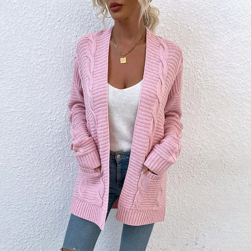 Women Autumn and Winter Fashion New V-Neck Cardigan Sweater Solid Color Pockets Splicing Mid-length Coat