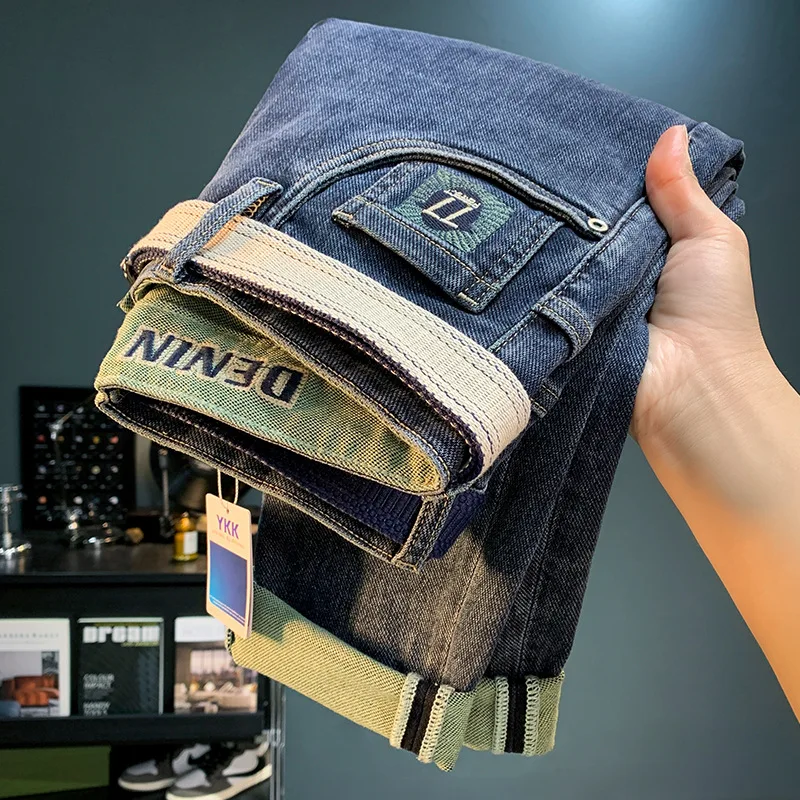 Men's Jeans Fashionable 2024 Trendy High-End Embroidery Stretch Slim-Fitting Ankle-Tied Washed Handsome Pencil Pants Trousers