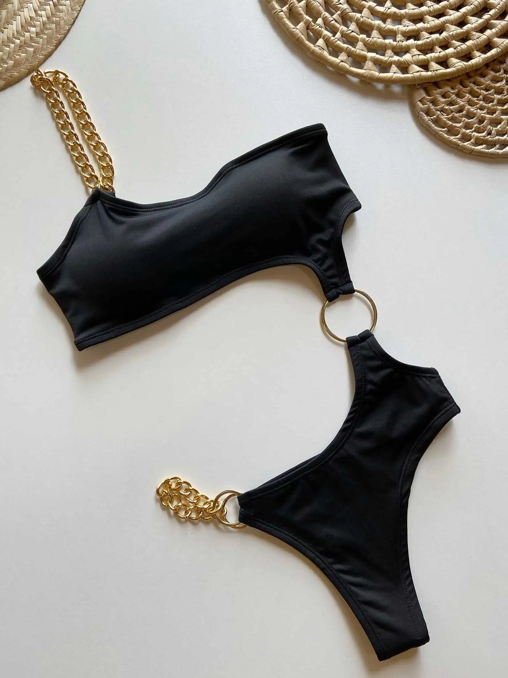 Women's One Shoulder Bikini Set Cut Out One Piece Bathing Suit Ring Linked Swimsuit Sexy Monokini Chain Bodysuit Swimwear S50