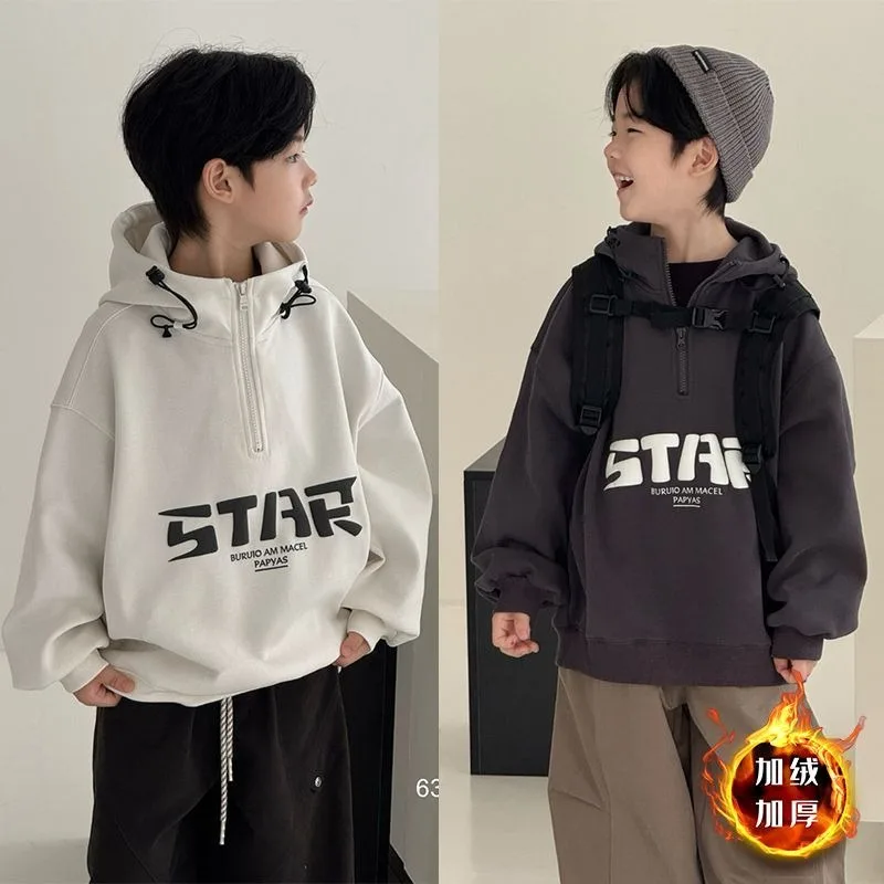 

Boys Autumn Hooded Sweater 2025 New Children's Winter Fleece Casual Loose Top Trendy Boys Clothing