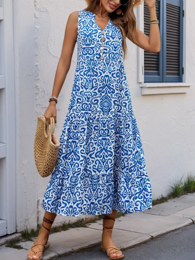 

Women's Summer New V-Neck Button Print Sleeveless Casual Dress Romantic Countryside Style Elegant Dress for Women