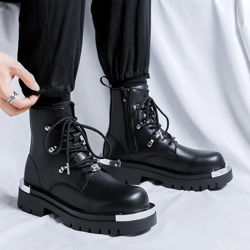 men fashion high motorcycle boots brand designer original leather shoes stage nightclub dress cowboy platform boot ankle botas