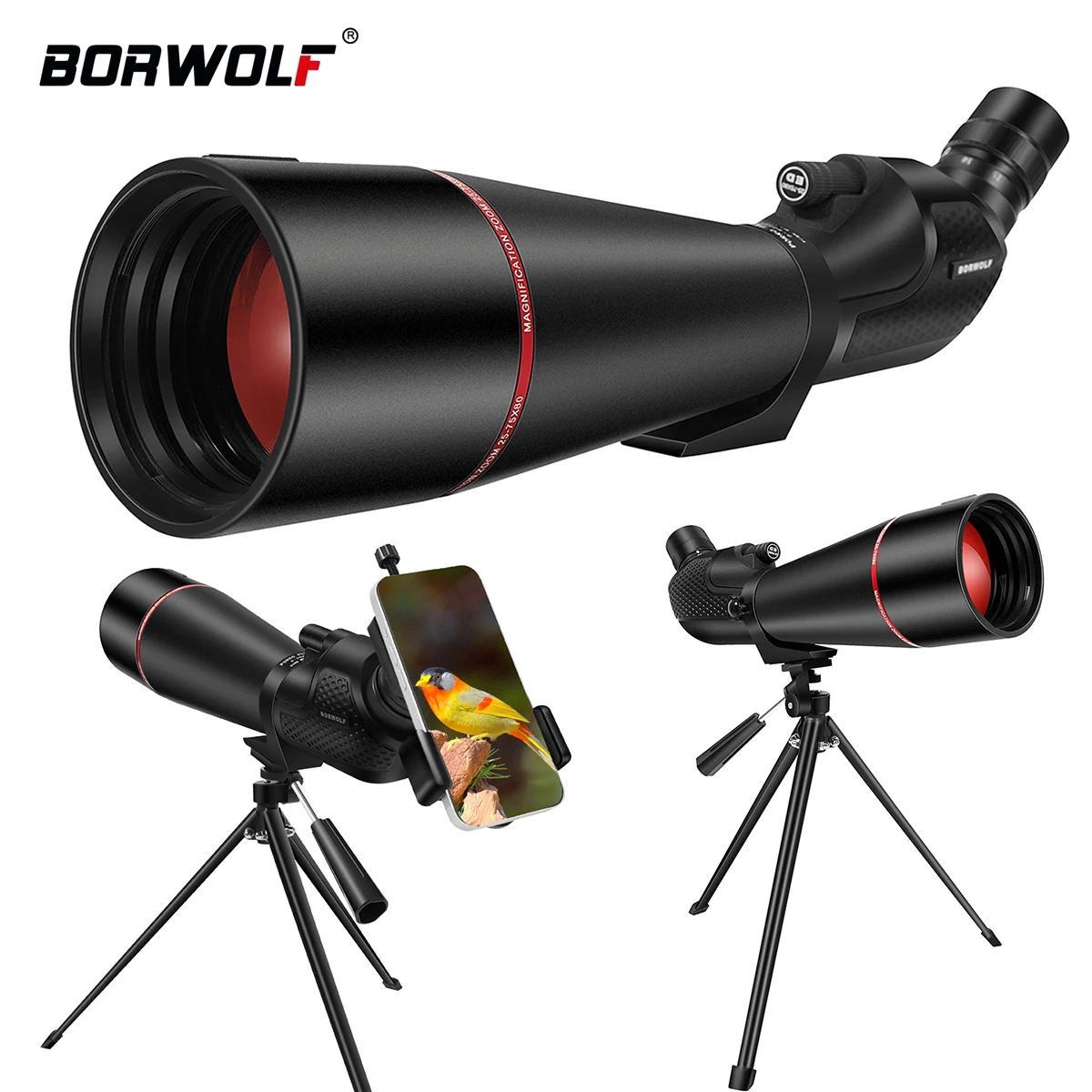

BORWOLF 25-75x80 Telescope Spotting Scope Powerful Zoom Monocular BAK4 Waterproof For Bird Watching Target Shotting With Tripod