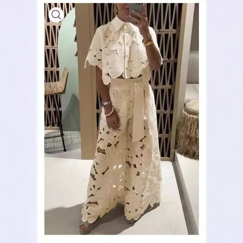 Retro Embroidery Temperament Suit OL Casual Flip Collar Commuter Outfit Fashion Hollow Out Short Sleeve Tops&Wide Leg Pants Suit