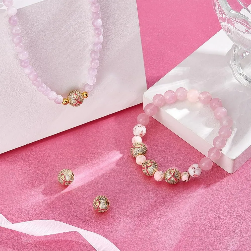 6 قطعة مايكرو تمهيد مكعب زركونيا الخرز 10 مللي متر جولة حجر الراين الخرز سرطان الثدي شريط للتوعية ثقب التصميم: 2 مللي متر