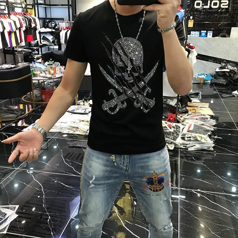 Black Hot Diamond Skull Men Short-sleeved T-shirt, Summer Boys Fashion Dress, White Pirate T-shirt