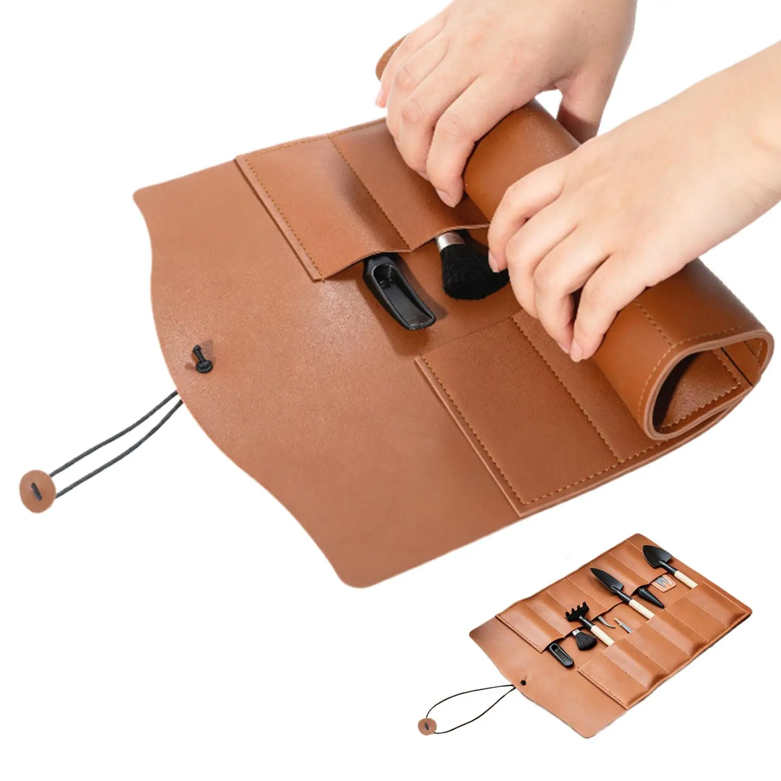 PU Leather Gardening Tool Roll Bag Foldable Small Manual Tool Bag Portable Roll Up Tool Pouch With Compartments