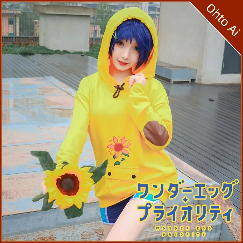 Wonder Egg Priority Fiugre Cosplay Anime Ohto Ai Cosplay Costumes  Hoodies Blue Wig Suit Woman Yellow Sweatshirt Halloween Role