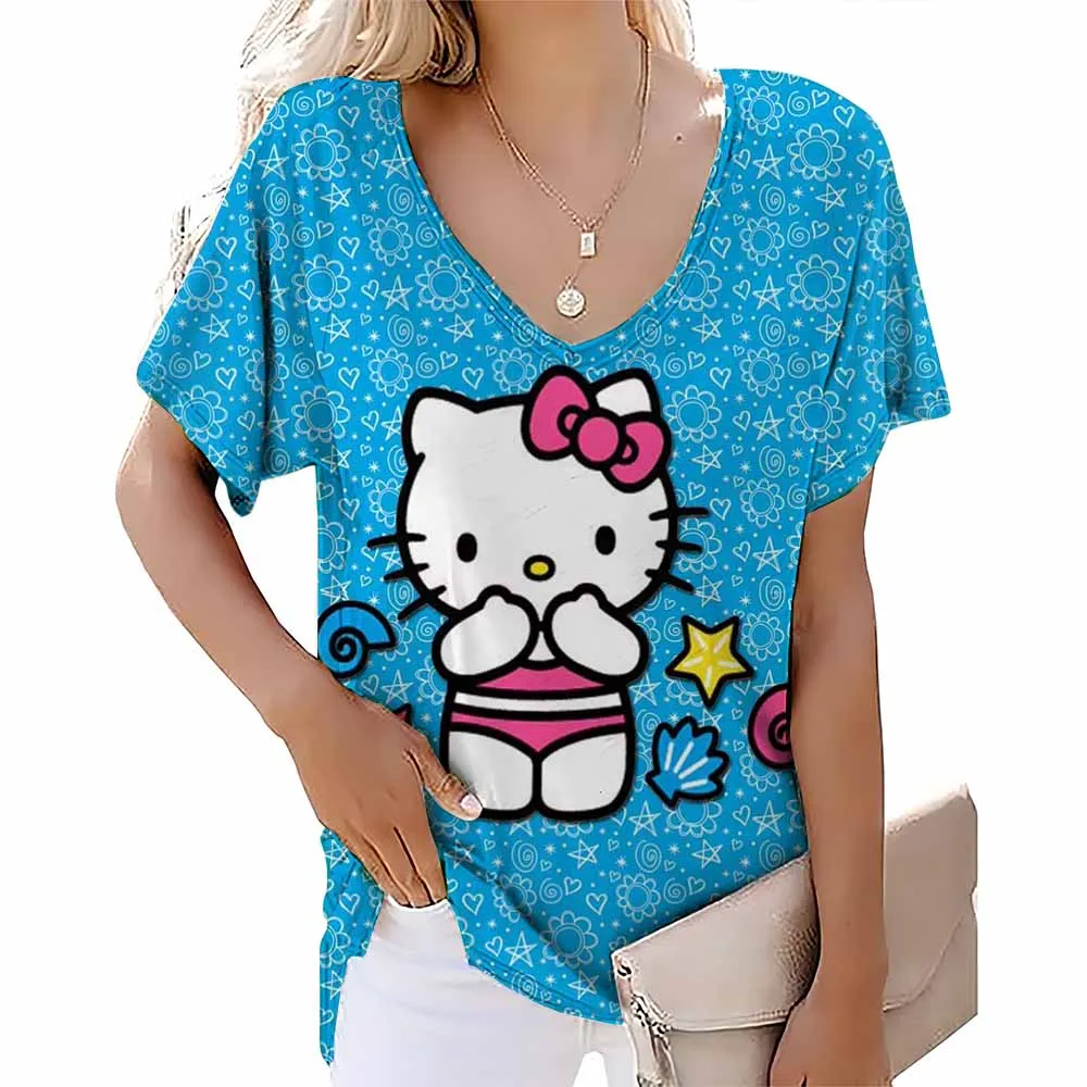 Cartoon T-shirt women's Hello Kitty printed short sleeved beautiful V-neck women's T-shirt casual summer top women's plus size c