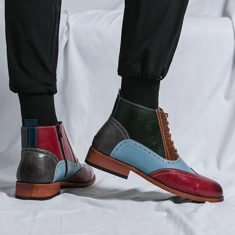Colorful Men Boots with High Top Lace Up and Side Zipper PU Stitching Fashionable Carved Men Boots Business Banquet Men Boots