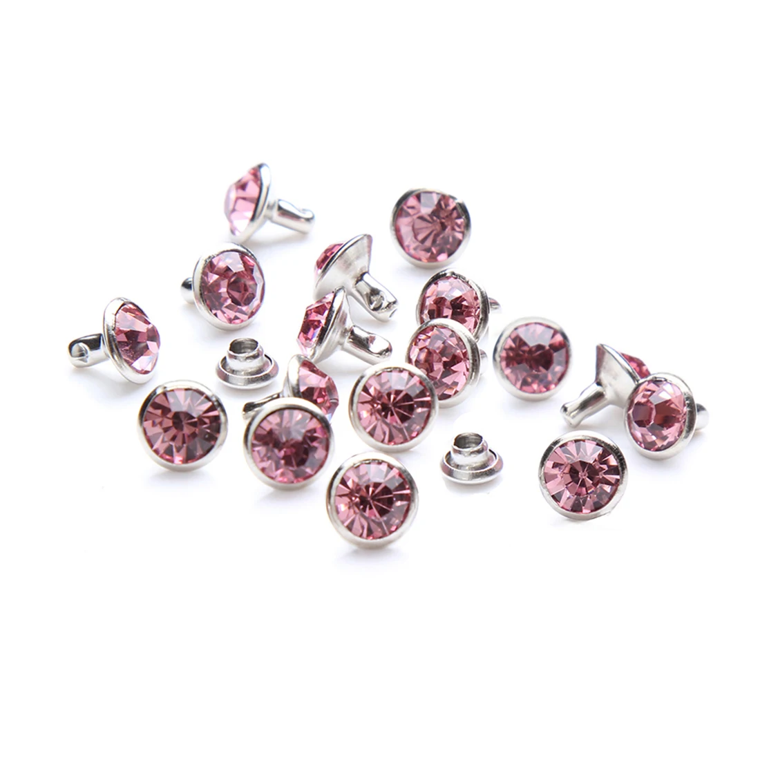 

100Sets 6mm&8mm Light Rose Crystal Rhinestone Rivets Studs Silver Metal Base for Clothing Bag Leathercraft Rivet