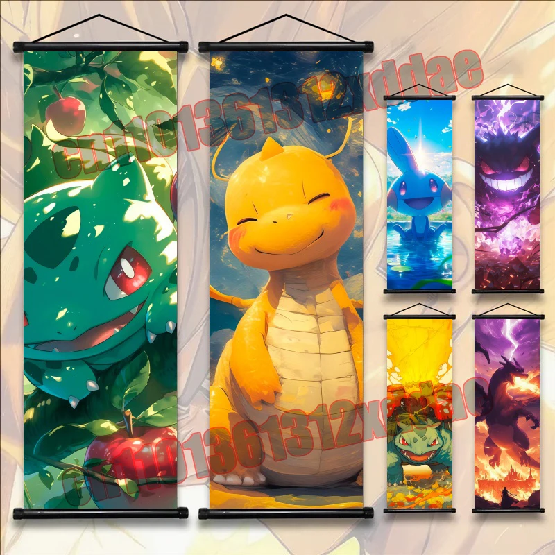 

Classic Anime Pok É Mon Gengar, Bulbasaur, Charizard Cool Art Scroll Paintings Suitable for Home Bedroom Wall Decoration Gifts
