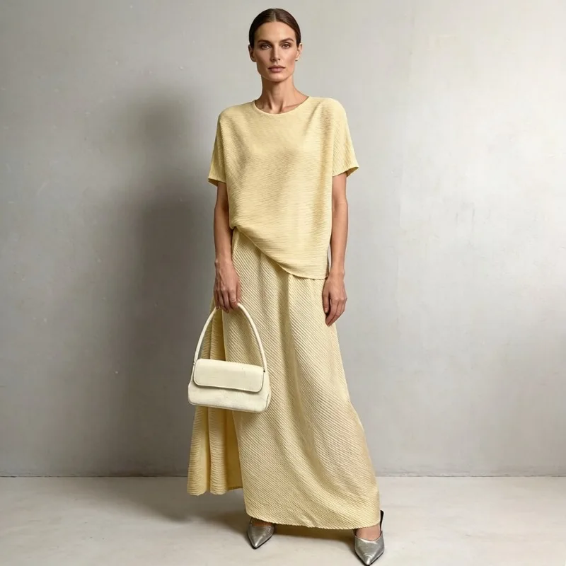 

2026 Spring/Summer New Plisse Skirt Set Miyake Pleated Short Sleeve Top + Long Skirt Pleats Two-Piece Set Casual Fold Clothing