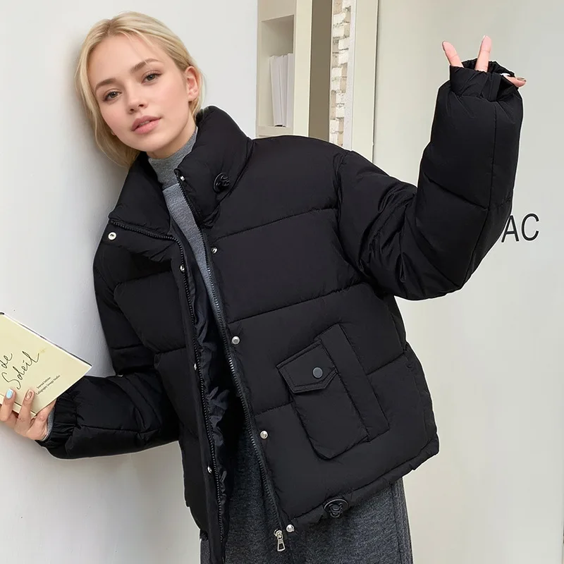 Damska zimowa parka płaszcz jednolity kolor stójka patchwork elastyczne mankiety damska kurtka pikowana kurtka w stylu koreańskim dla kobiet