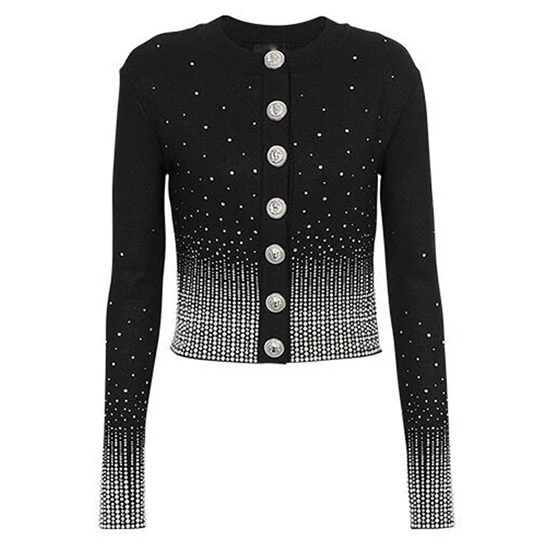 Jaqueta cardigan gradiente Houndstooth para mulheres, casaco de malha strass, gola preta elegante, tops de manga longa, nova chegada em estoque