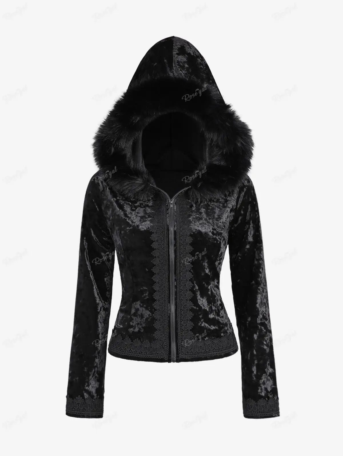 

ROSEGAL Plus Size Gothic Fur Coats Black Full Zipper Applique Panel Fur Trim Fluffy Collar Long Sleeves Velvet Coat Outwears