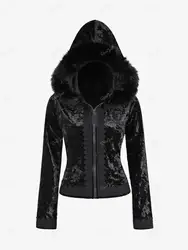 ROSEGAL Plus Size Gothic Fur Coats Black Full Zipper Applique Panel Fur Trim Fluffy Collar Long Sleeves Velvet Coat Outwears