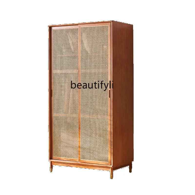 Solid Wood Wardrobe Modern Minimalist Rattan Two-Door Wardrobe Hotel Name Storage Cabinet Household Bedroom Log Storage Cabinet