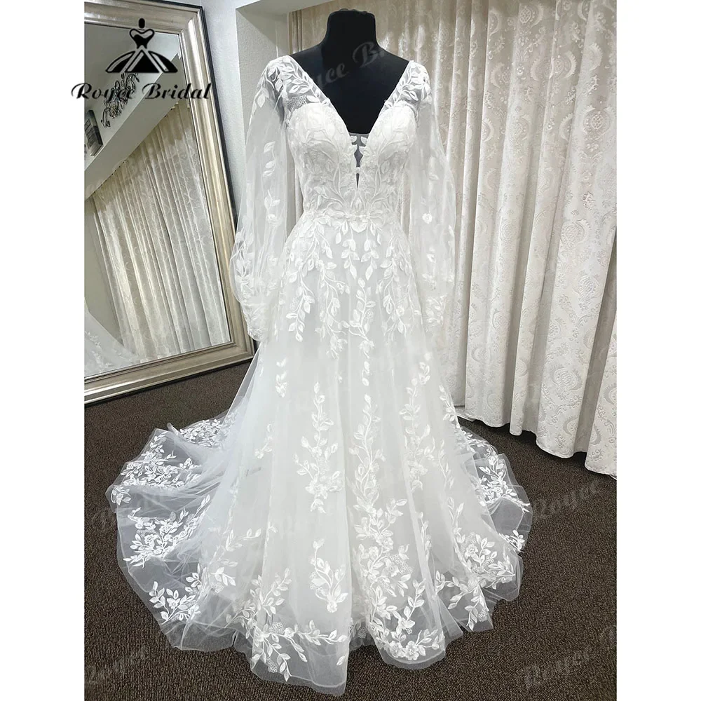 

Vintage Lace Appliques Puff Long Sleeve Boho Wedding Gown with V Neck Bridal Dress Custom Made Robe de marie Roycebridal 2025
