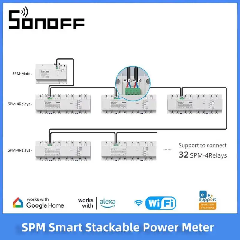 Sonoff spm medidor de energia empilhável inteligente 20a/gang proteção contra sobrecarga monitoramento do consumo de energia suporte cartão sd armazenamento de dados