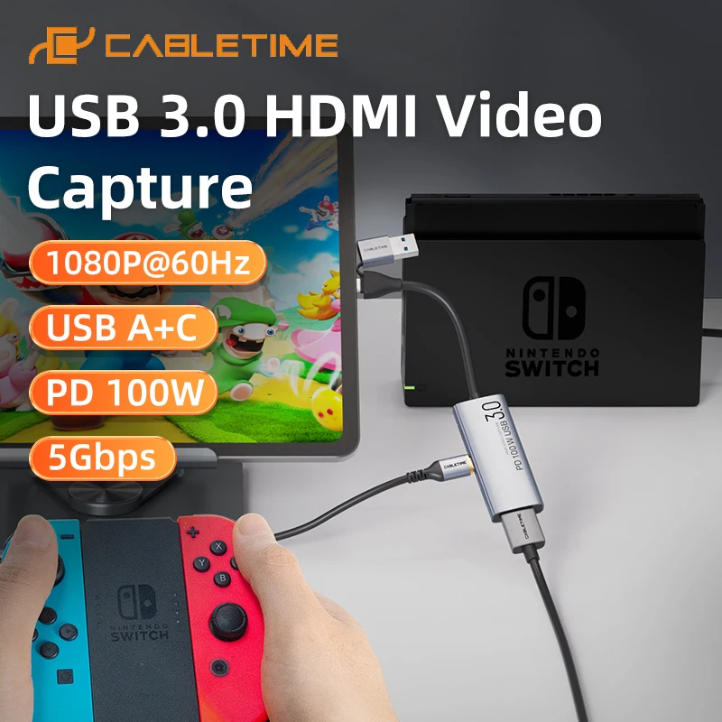 CABLETIME USB 3.0 HDMI Video Capture PD 100W 5Gbps USB A+C Aluminum 4K 1080p Full HD for PS5 Srteaming Switch Capture Card