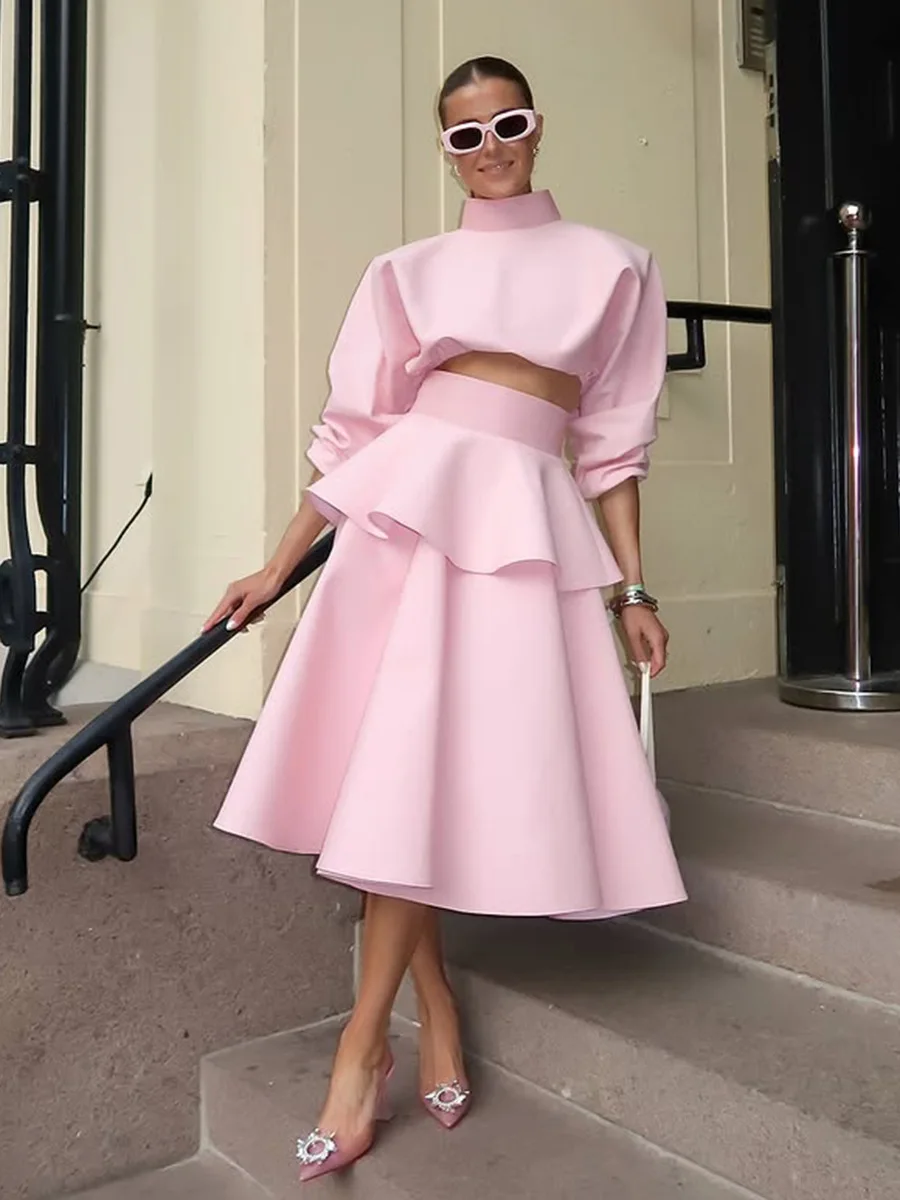 

Pink Lotus Leaf Skirt Outfit Spring Women Long Sleeve Stand Collar Short Top+High Waist Zipper Bust Skirt Autumn Two Piece Set