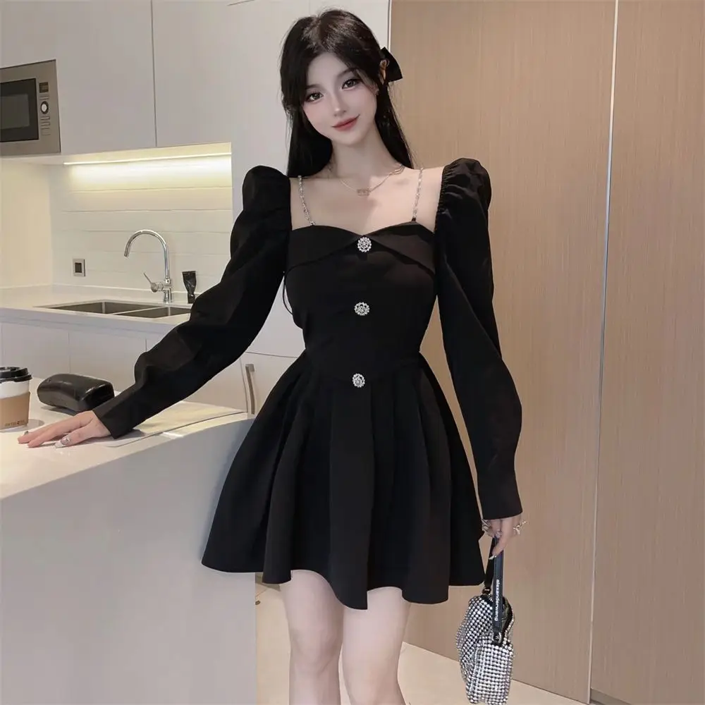 Korean Chain Square Neck White Women Dress French Long Sleeve Princess Dress Temperament Slim Waist A-line Vestidos De Fiesta