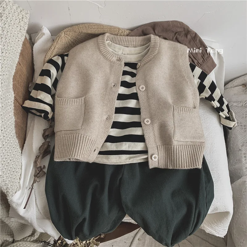 Simple Solid Vest Boys Casual Solid Sleeveless Jacket Children Knitwear Shirt Girls Cotton O-neck Cardigan Baby Spring Clothes