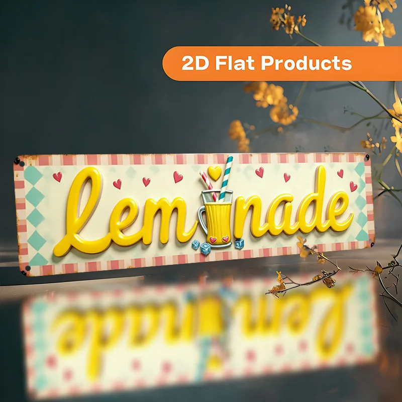 2D Flat, 1pc Vintage Lemonade Wall Sign with Straw & Ice Cubes - Retro UV Printed Suitable for Home, Cafe, Bar Decor
