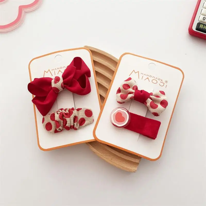 Versatile Childrens Hairpin Hairpin Red Hairpin Girls Clip Korean New Style Red Fabric Polka Dot Bow Girly Heart Bangs Side Clip