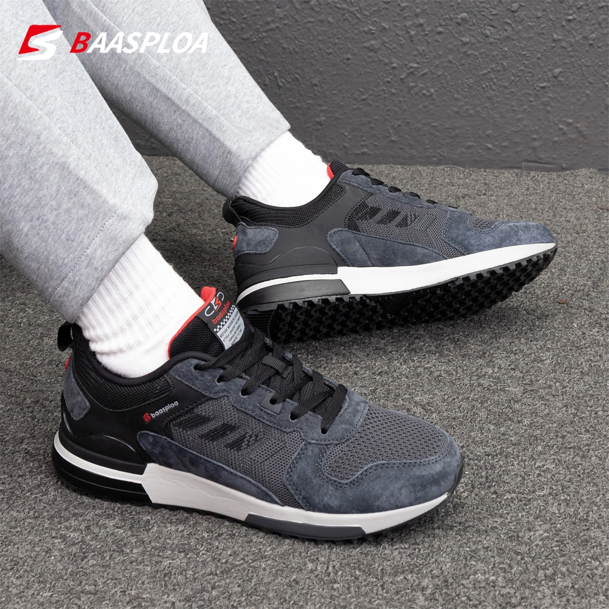 Baasploa New Sports Shoes Men Outdoor Fashion Breathable Lace-up Sneakers Male Casual Non-Slip Wear-Resistant Walking Shoes