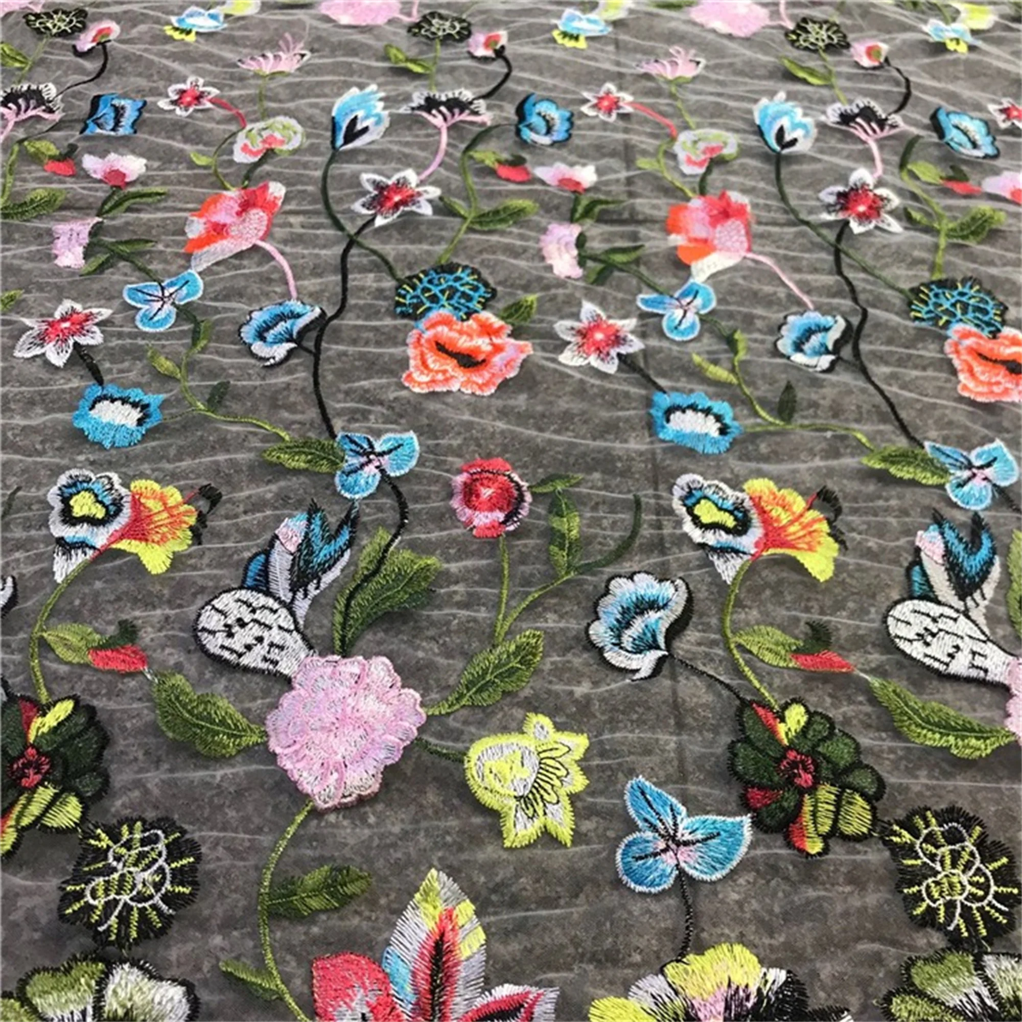 1 yard  Multi-colors Embroidery Flower Black Mesh Lace Fabric Wild Flowers applique for Skirt Apparel Summer Dress