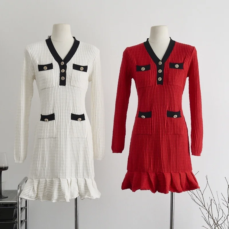Elegante vestido de malha fino ajuste roupas de outono feminino manga longa vneck bodycon plissado hem mini vestidos ol estilo malha waffle vestido