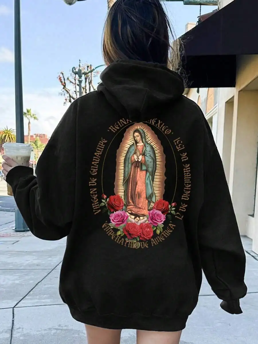 

Женская флисовая толстовка с капюшоном и цветочным принтом Virgin of Guadalupe, осенний пуловер с длинными рукавами