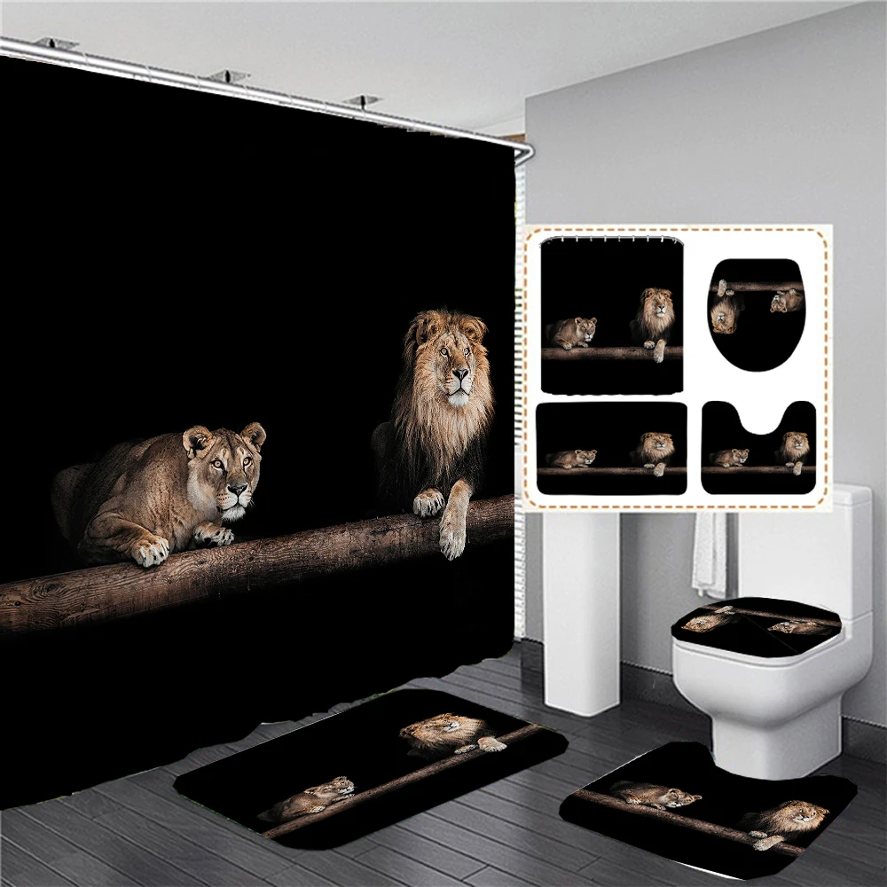 Animal Print Black Shower Curtains Lion Tiger 3D Bathroom Curtain Set Anti-slip Bath Mat Soft Toilet Lid Cover Home Rugs Carpets