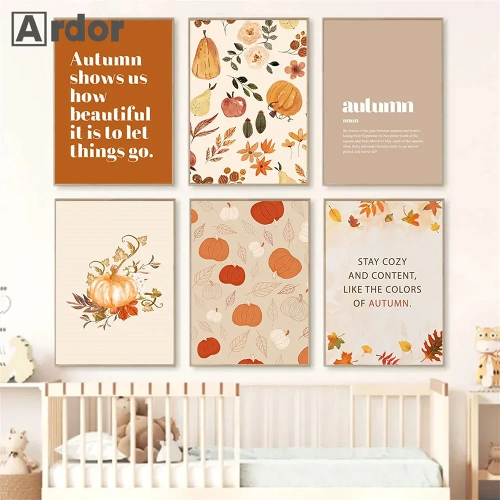 Hello Autumn Pumpkin Wall  Canvas Autumn Scenery Leaf Print Nordic Wall Painting Living Room Interior Decoration