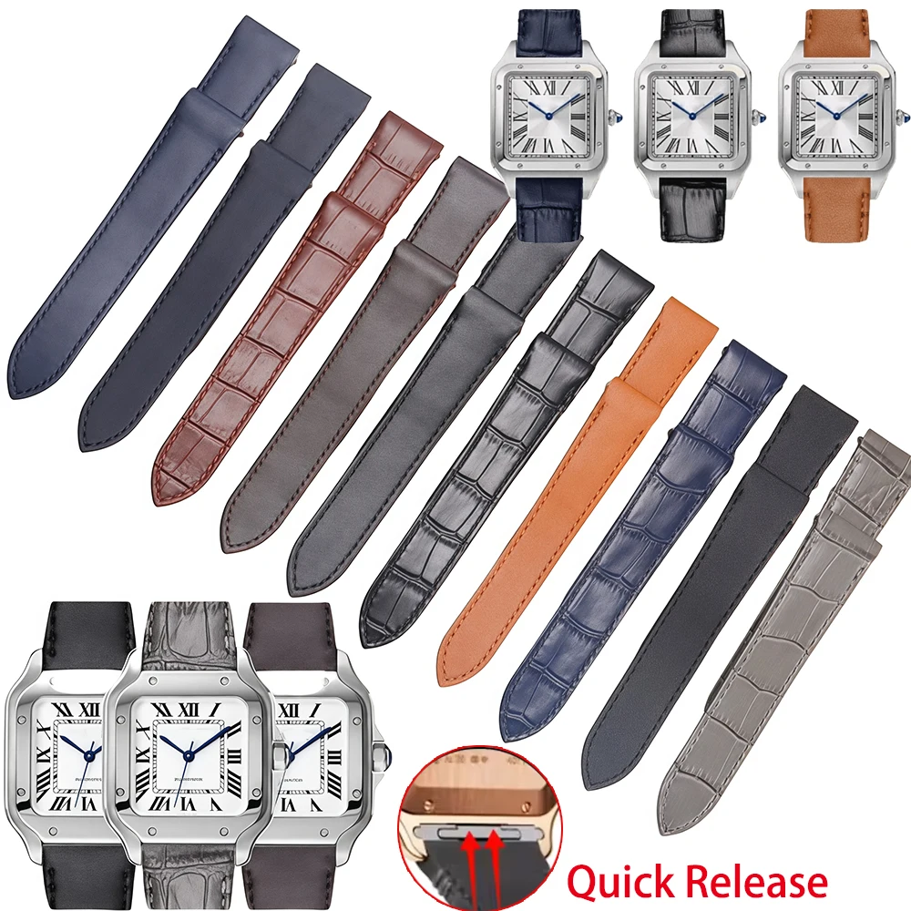 19mm 21mm Genuine Leather Strap For Cartier Santos Watchband Folding Buckle Quick fit Metal steel adapter Blue Grey Watch Chain