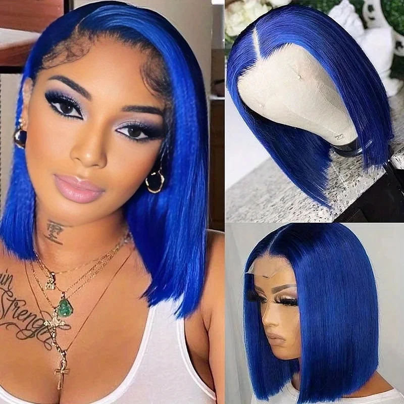 วิกผมบ๊อบสั้นสีน้ำเงินกรมท่าตรง วิกผมบ๊อบแบบมีเชือกผูกด้านหน้า 13x4 ผมแท้ 100% สำหรับผู้หญิงผิวสีดำ ผมบราซิล ขนาด 12 นิ้ว ลดราคา