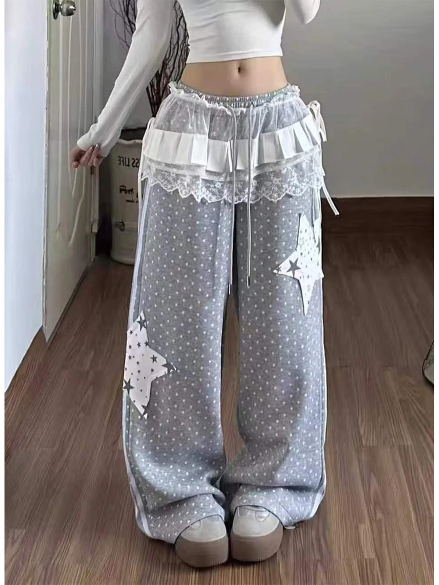 

American High Street Polka Dot Star Patchwork Loose Straight Leg Casual Pants Women Summer Lightweight Subculture Trousers