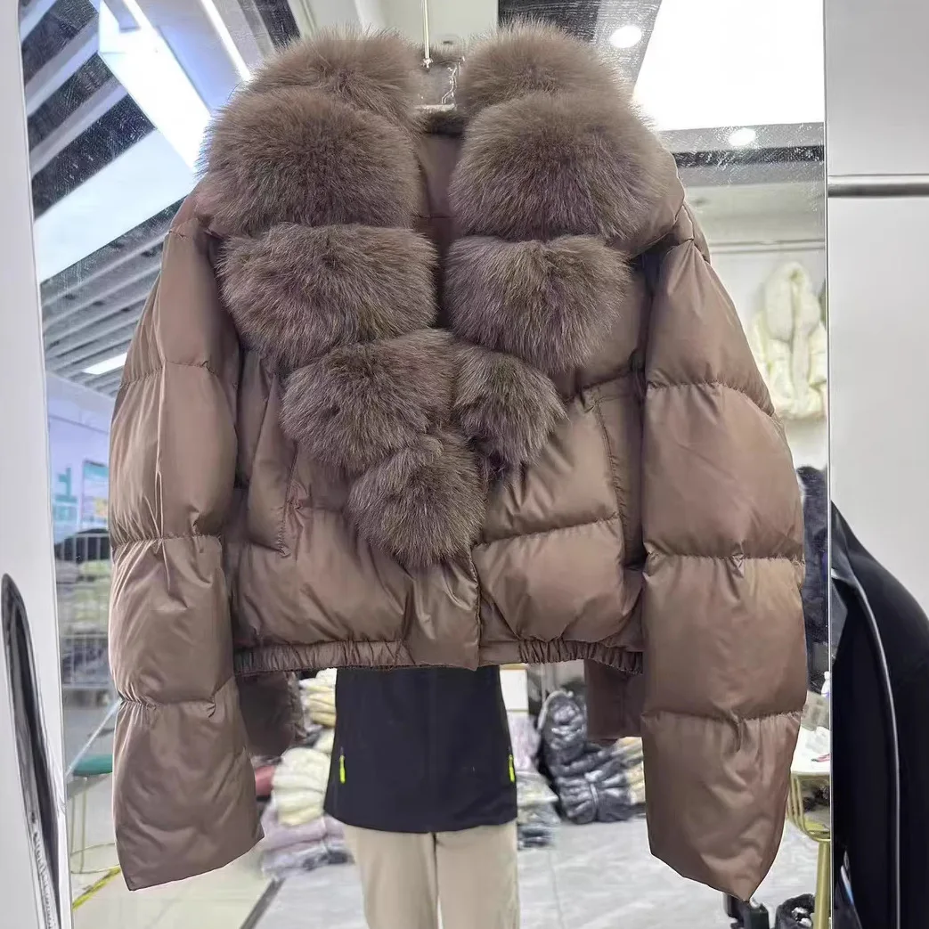 Large Natural Fox Fur Collar 90% White Duck Down Jacket Women Winter Short Waterproof PU Puffer Coat Female Thick Parkas view 3